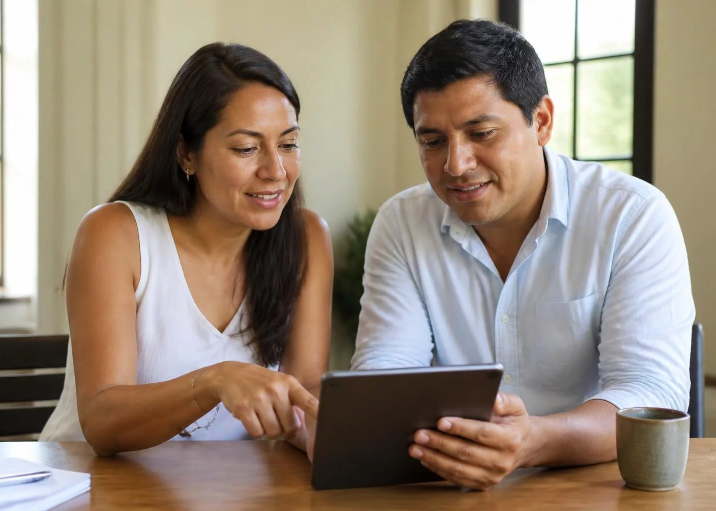 Dos colegas consultando sus notas en una tablet