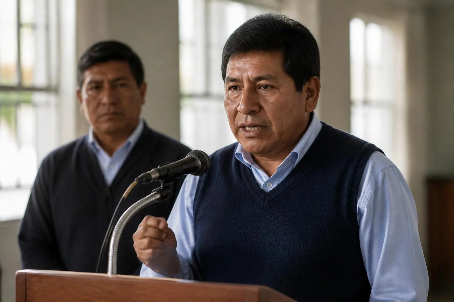 Micrófono montado en el atril de madera