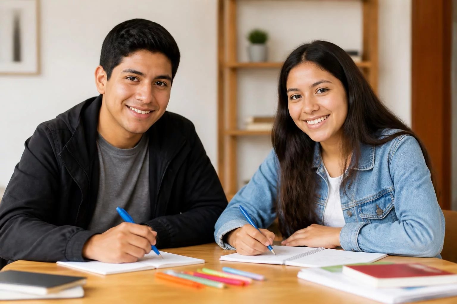 Dos personas organizando sus apuntes con plumones de colores