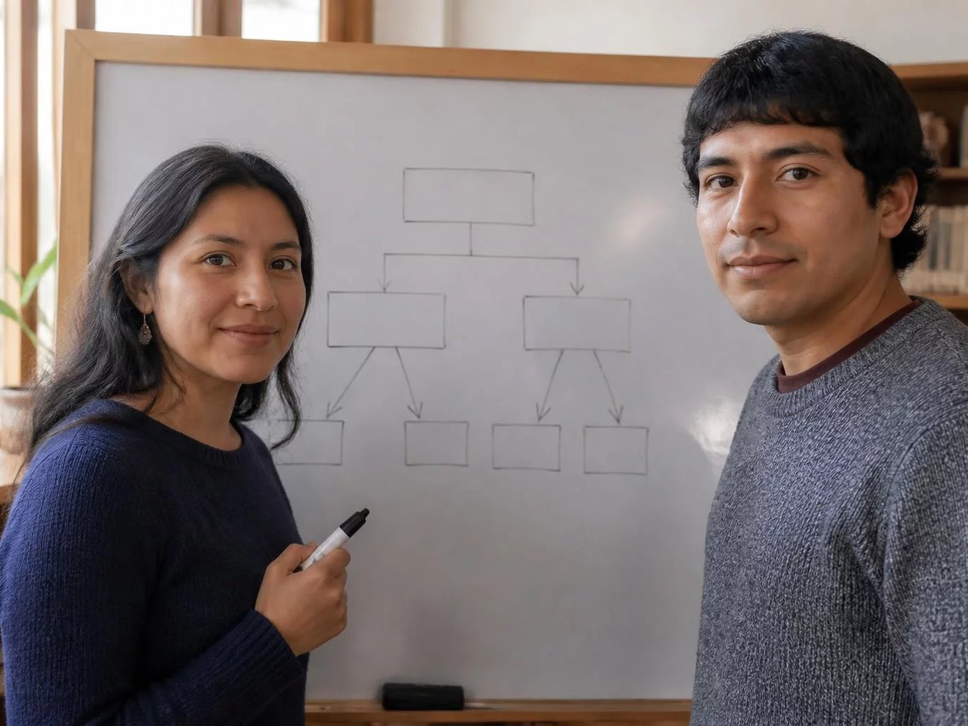 Dos personas trazando en la pizarra la estructura de un argumento