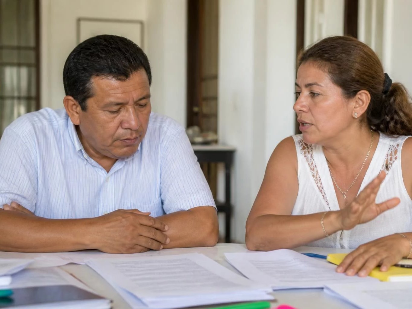 Dos personas revisando apuntes impresos sobre la mesa